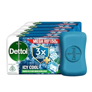 Dettol Icy Cool Bathing Soap Bar 150g (Pack of 5) | 3X Intense Cooling | Removes 99.9% Body Odour Causing Germs | Total 750g