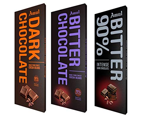 Amul Dark Chocolate Assorted Pack 450g | 55%, 75% & 90% Cocoa Dark Chocolate Bars | Pack of 3