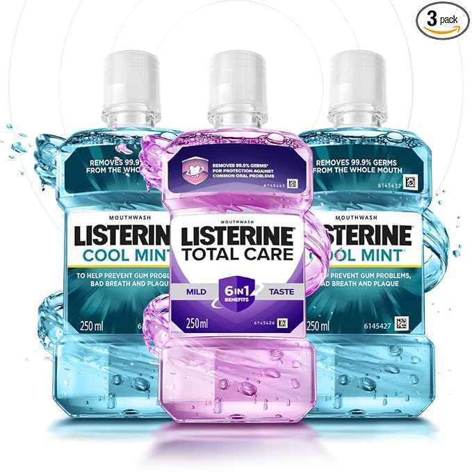 Listerine Cool Mint Mouthwash 250ml (Pack of 2) + Total Care Mild Taste Mouthwash 250ml (Free) | Kills 99.9% Germs | Fresh Breath | Complete Oral Care