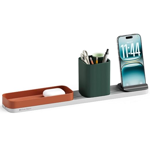 DailyObjects Bar Desk Organizer for Office Desk & Study Table | Premium Aluminium Base Tray with Pen Stand & Phone Stand (Quartz)