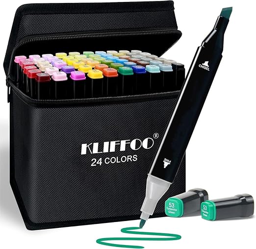 KLIFFOO Dual Tip Art Markers 24 Colors Sketch Pens with Carry Bag | Water Based Colouring Markers