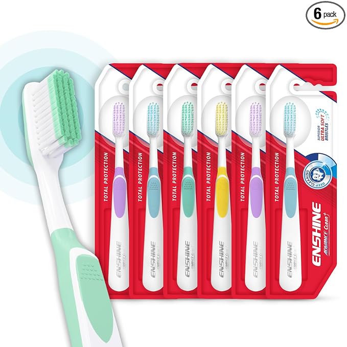 Enshine Advance Clean+ Toothbrush Set (Pack of 6) with Superior Ultra Soft Bristles & Tongue Cleaner | Manual Toothbrush for Adults | Multicolor