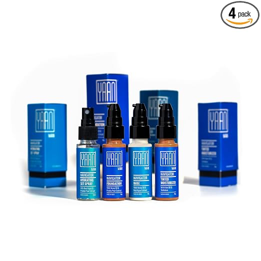 YAAN MAN Navigator Range Makeup Kit for Men (Medium) | Base, Foundation, Hydrating Set Spray & Tinted Moisturizer | Sweat & Oil Proof | 4 Count
