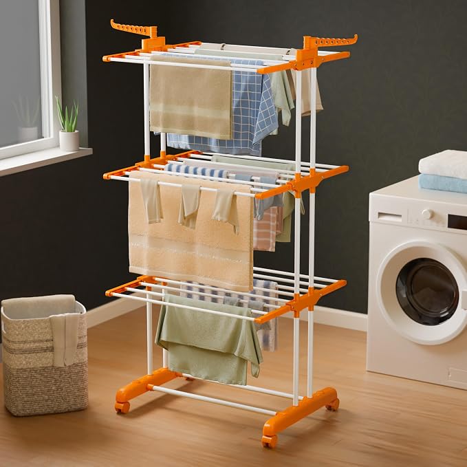 Happer Premium Foldable Clothes Drying Stand with Wheels | 3 Layer Laundry Drying Rack | 24 Rods | Anti Rust Steel | Portable Balcony Cloth Dryer (Orange, Prince Jumbo)