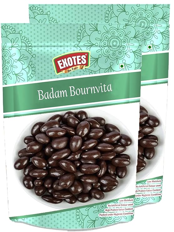 Exotes Badam Bournvita 500g (2 x 250g) | Premium Chocolate Coated Almonds | Crunchy Dry Fruit Snack | Rich in Protein & Fiber
