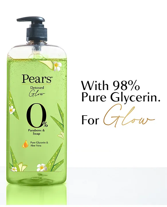 Pears Detoxed Glow Body Wash enriched with 98% pure glycerin for soft, moisturized and naturally glowing skin.