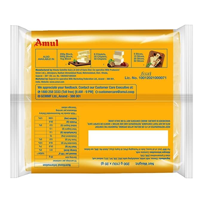 Nutrition facts, ingredients and storage instructions of Amul Cheese Slices 200g.