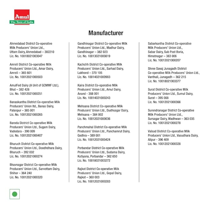 Amul cheese manufacturer list and dairy production unit information for Amul Cheese products.
