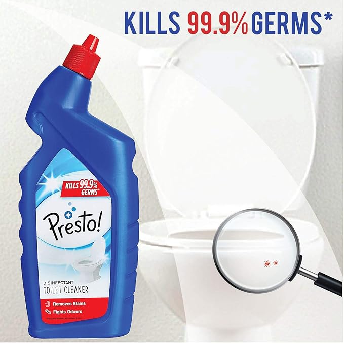 Presto toilet cleaner disinfectant kills 99.9 percent germs while removing stains and fighting bad odours.