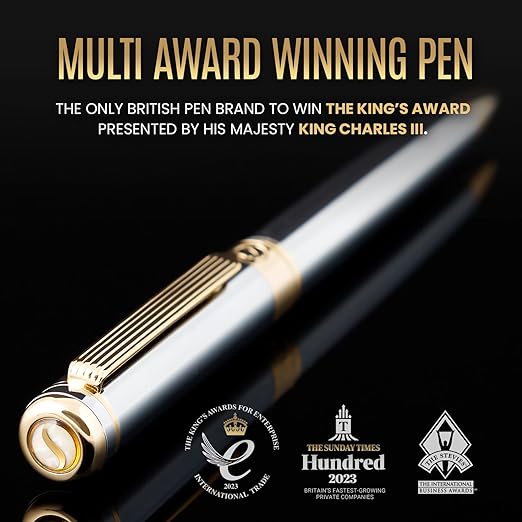 Scriveiner London luxury ballpoint pen featuring award-winning executive design with silver chrome finish and gold trim for premium writing.