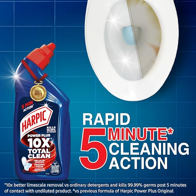 Harpic Power Plus 10X Total Clean toilet cleaner with rapid 5 minute cleaning action for toilet bowls and bathroom hygiene.