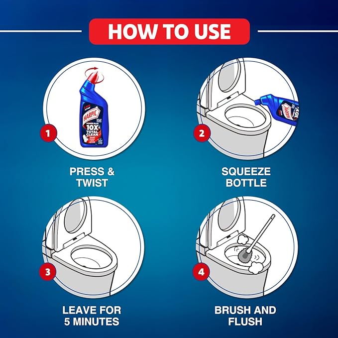 Step-by-step instructions showing how to use Harpic Power Plus 10X Total Clean toilet cleaner for effective toilet cleaning and germ protection.