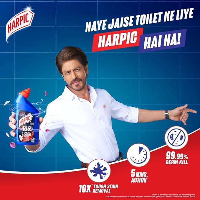 Harpic Power Plus 10X Total Clean toilet cleaner removes tough stains, kills 99.9% of germs and cleans toilets in just 5 minutes.
