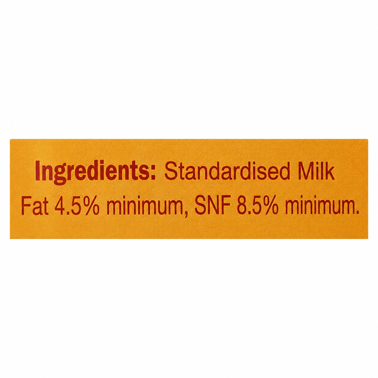 Ingredients label of Amul Gold Homogenised Standardised Milk showing standardised milk, 4.5% minimum milk fat and 8.5% minimum SNF for Milk Online shopping at PoojaMegaMart.