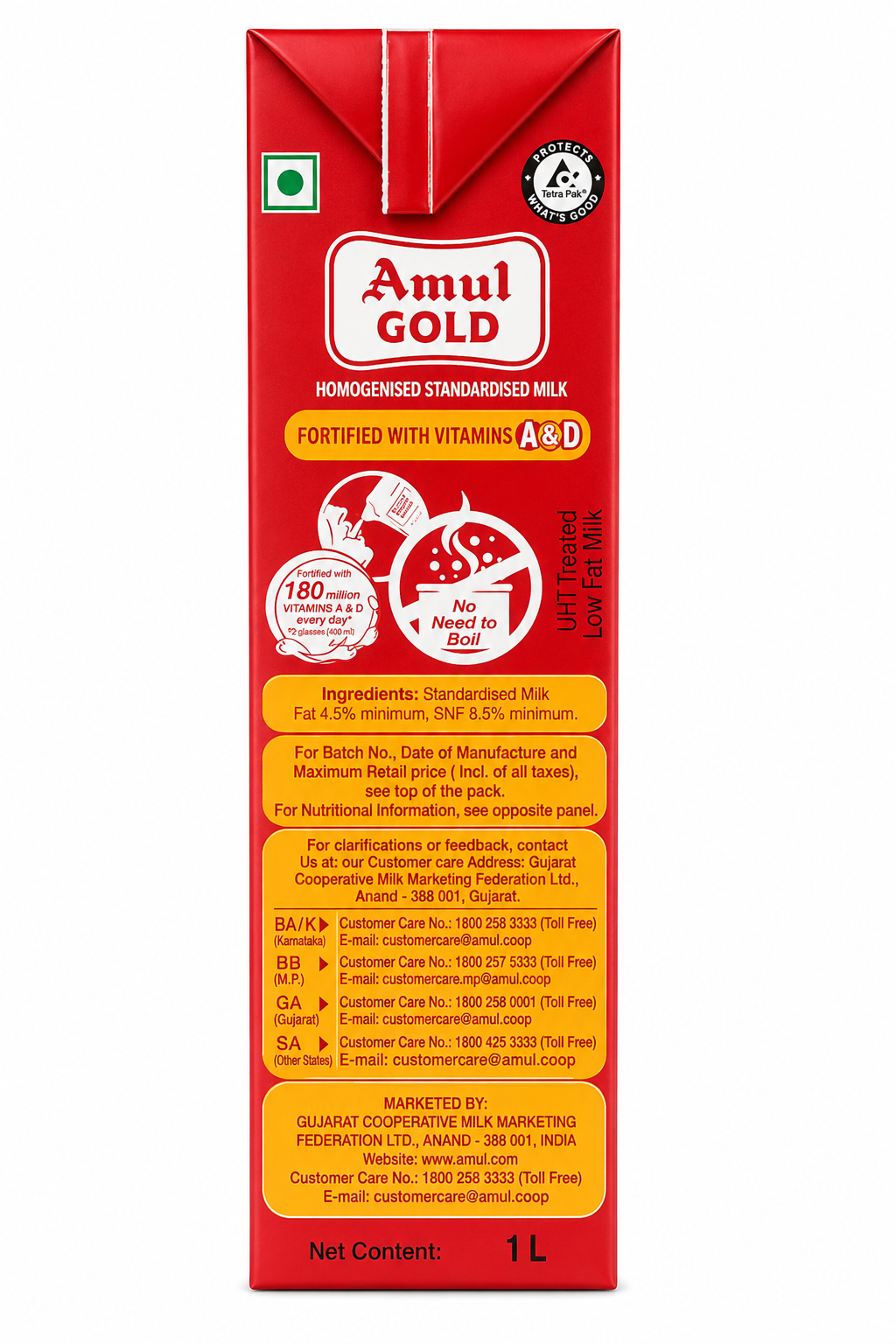 Amul Gold Homogenised Standardised Milk 1 Litre Side View | Milk Online | PoojaMegaMart