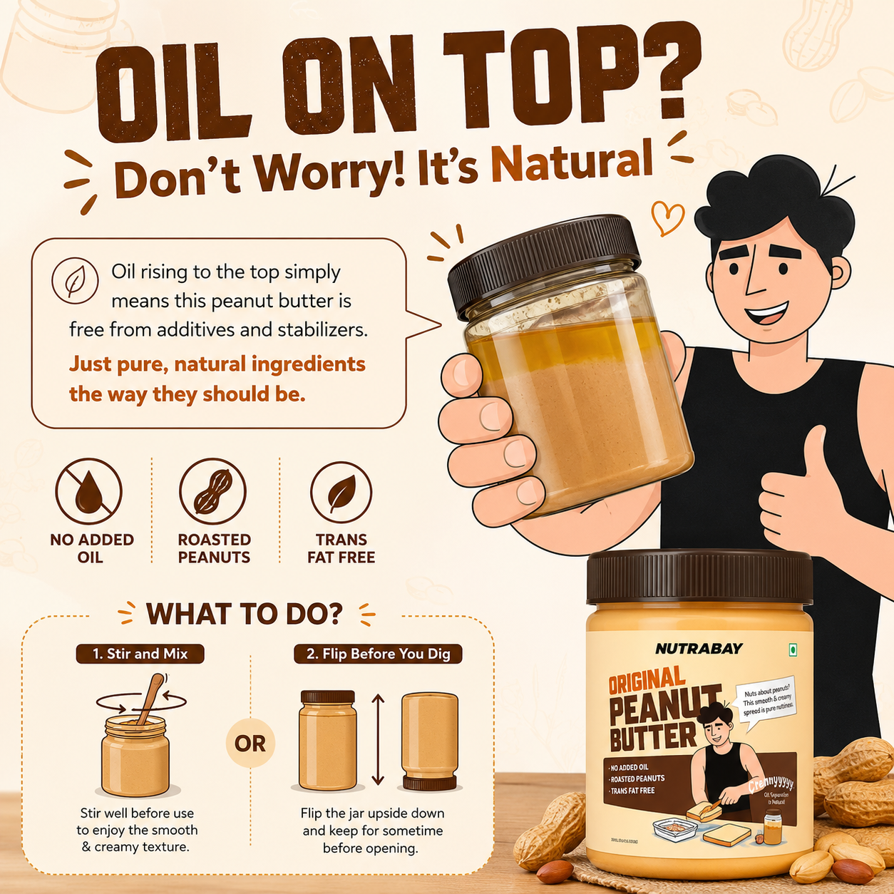 Nutrabay Original Peanut Butter Creamy 400g showing natural oil separation guide with stirring instructions for creamy peanut butter.