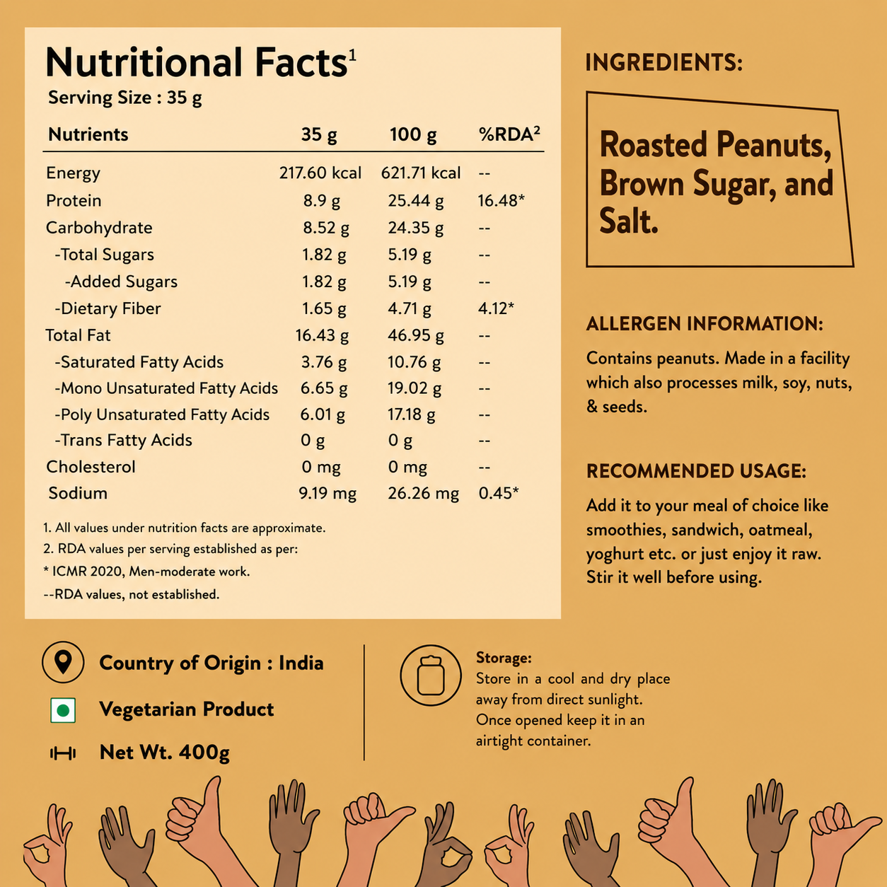 Nutrition facts, ingredients, allergen information and storage instructions of Nutrabay Original Peanut Butter Creamy 400g.