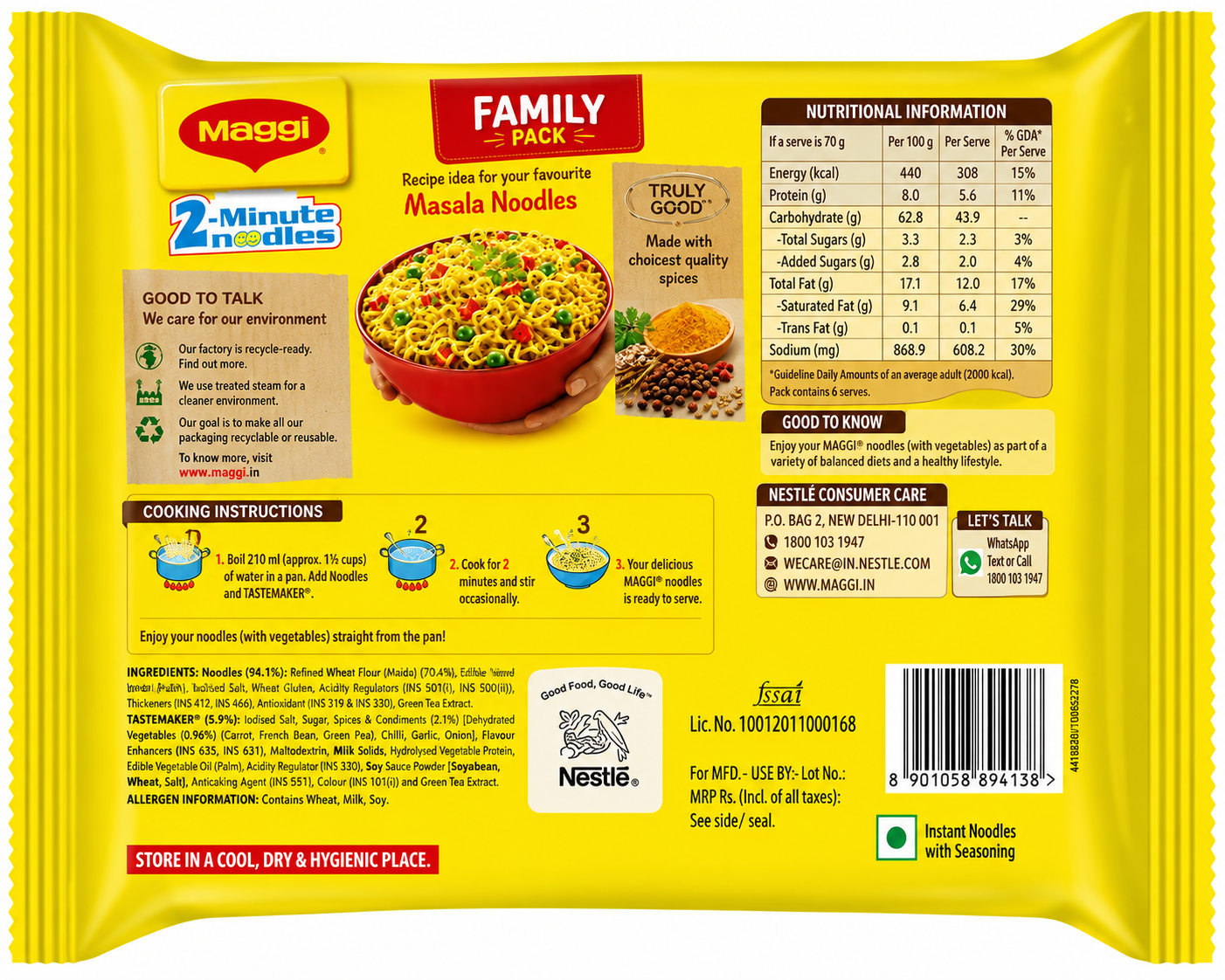 Back side of Maggi 2-Minute Noodles Family Pack showing nutrition facts, ingredients, cooking instructions and storage information.