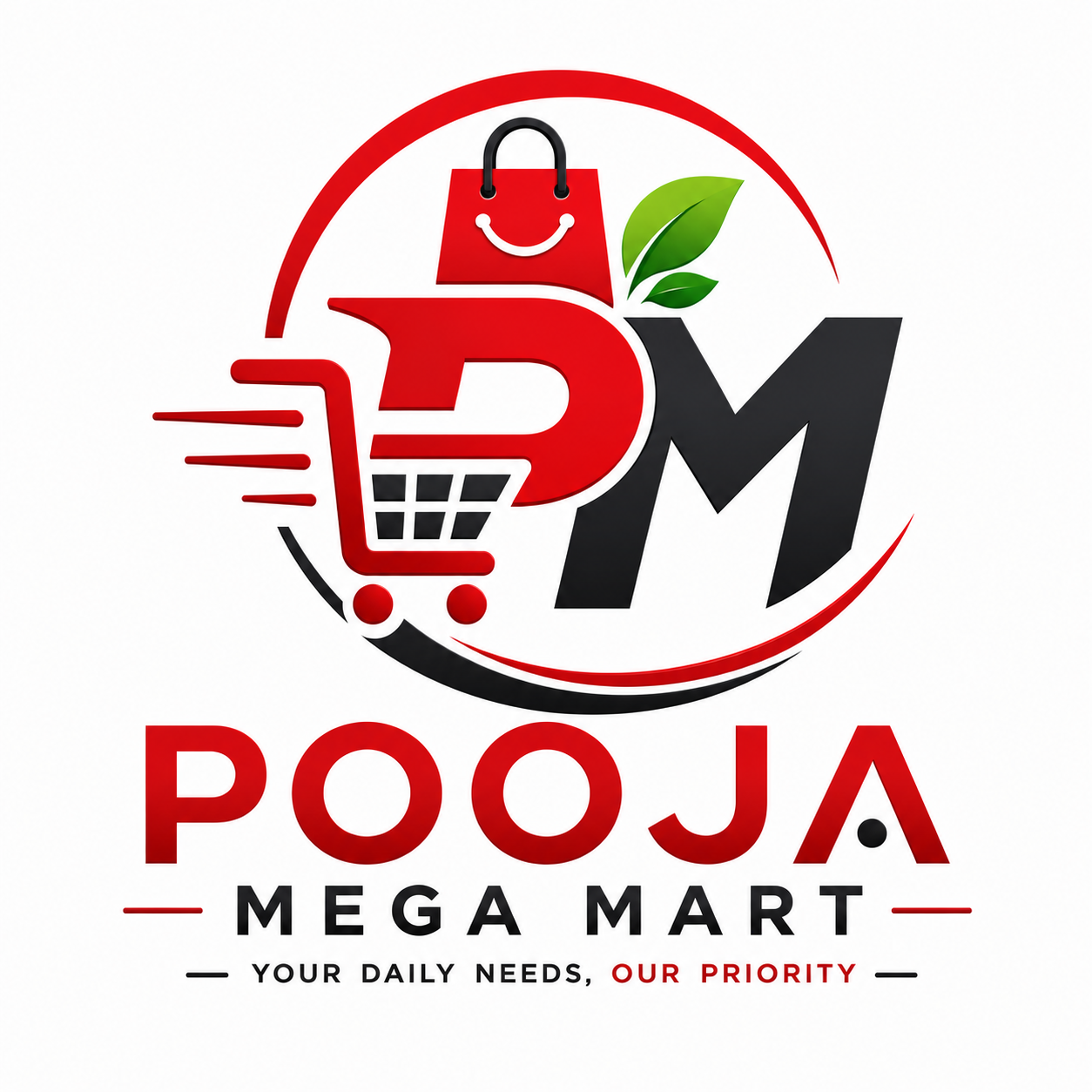 PoojaMegaMart logo for Grocery Home Delivery Near Me offering Indian grocery store, dairy products, kitchen essentials, home essentials, office supplies and school stationery online.