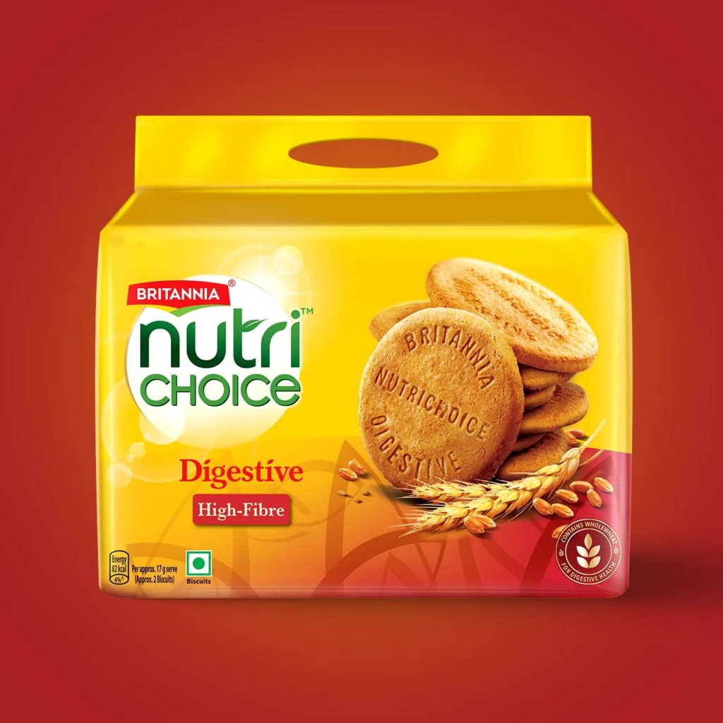 Nutrition Facts label of Britannia NutriChoice Digestive High Fibre Biscuits showing calories, protein, carbohydrates, dietary fibre and fat information.