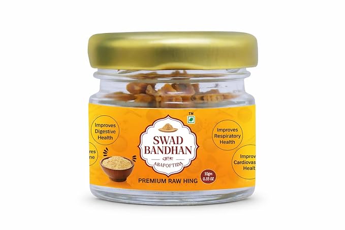 Swad Bandhan Premium Raw Hing 10g pure asafoetida in glass jar for authentic Indian cooking available at PoojaMegaMart.