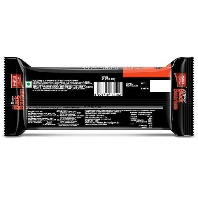 Back label of Parle Hide & Seek Black Bourbon Choco Crème Sandwich Biscuits 100g