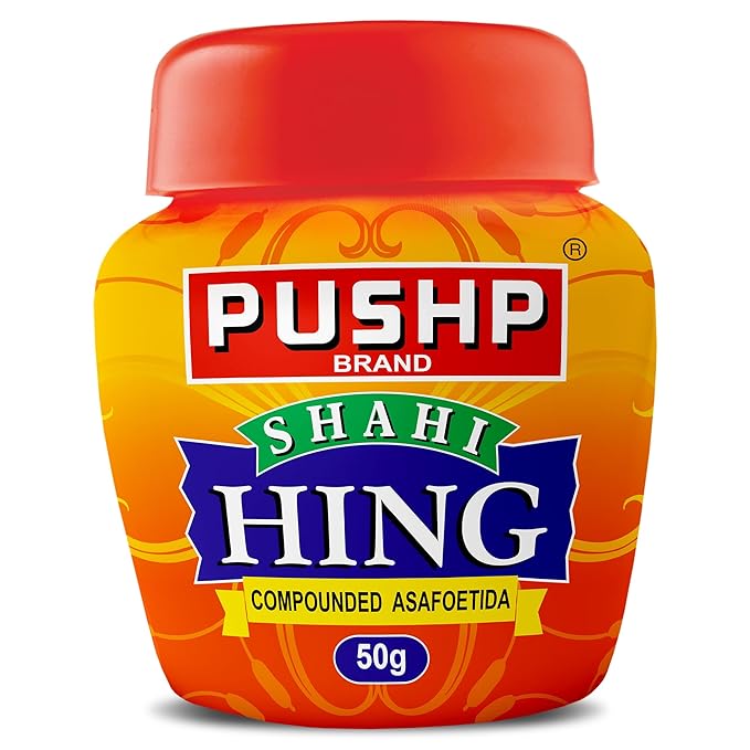 Pushp Shahi Hing 50g compounded asafoetida in jar for authentic Indian cooking available at PoojaMegaMart.Pushp Shahi Hing 50g compounded asafoetida in jar for authentic Indian cooking available at PoojaMegaMart.