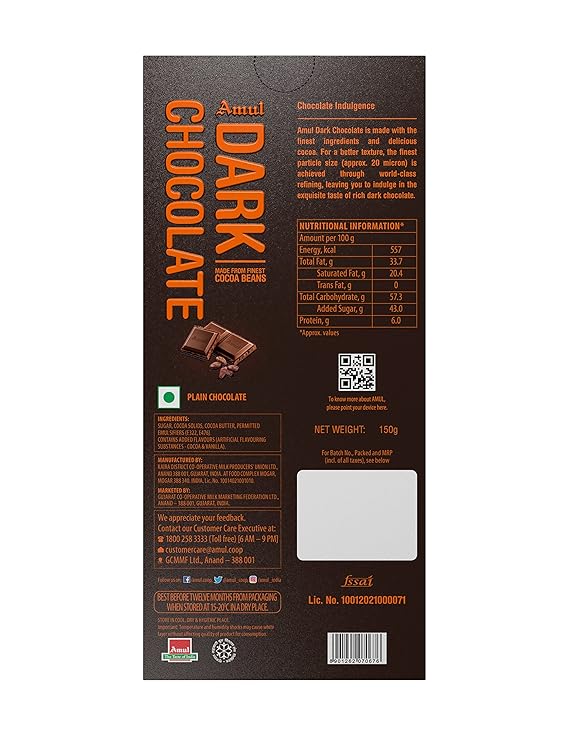 Amul Dark Chocolate Ingredients and Nutrition
