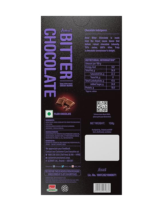 Amul 75 Percent Bitter Chocolate Nutrition